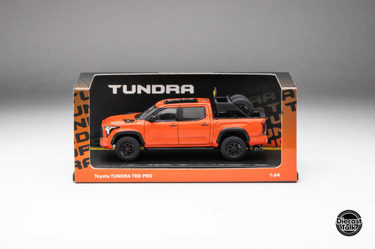 DiecastTalk Exclusive GCD Toyota Tundra TRD PRO Solar Octane with accessories