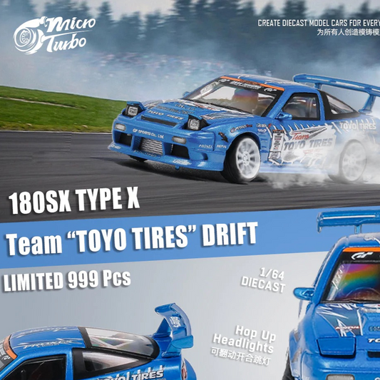 Image of Team Toyo Tyres Drift Blue 180SX drifting with tyre smoke