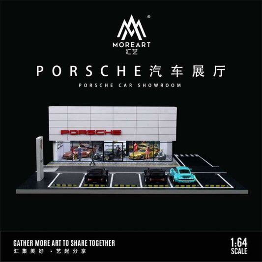 MoreArt Porsche Showroom Diorama with white building and carpark for 6 cars