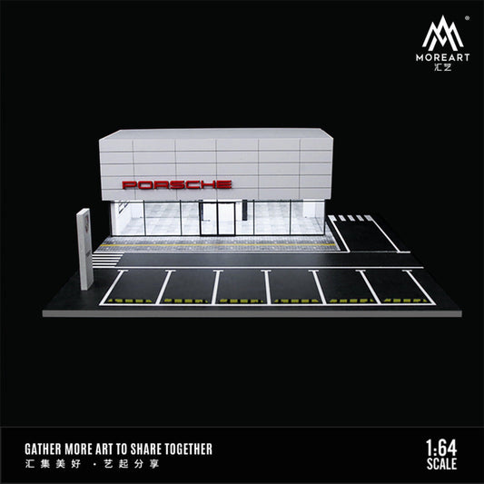 MoreArt Porsche Showroom Diorama with white building and carpark for 6 cars