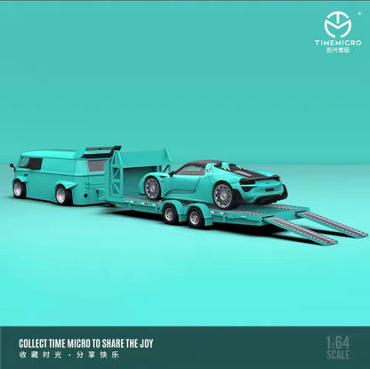 TIME MICRO 1:64 VW T1 & Porsche 918 with Trailer Set Tiffany Blue