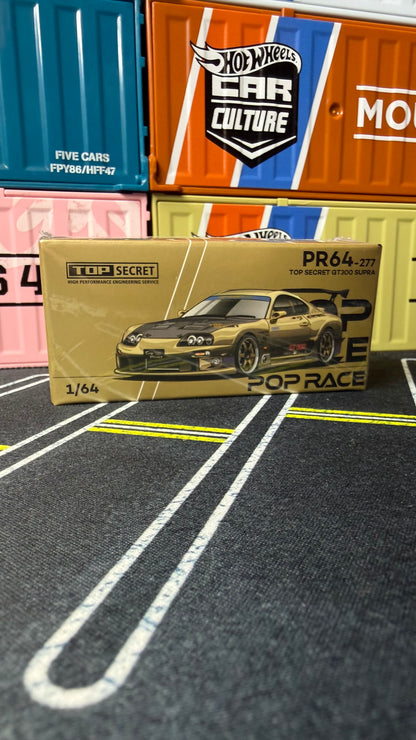 POP RACE 1:64 Top Secret GT300 Toyota Supra Gold Chrome with carbon bonnet