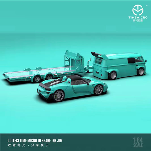 TIME MICRO 1:64 VW T1 & Porsche 918 with Trailer Set Tiffany Blue