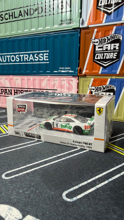 Tarmac Works X Hobby64 1/64  Ferrari F40 GT – Italian GT Chashipmpion1994 #1 – F. D’Amore, O. Larrauri – White – Special Edition