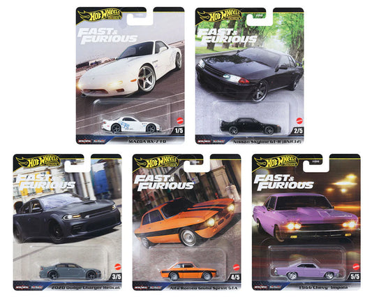 Fast & Furious Set of 5 cars Mix K Mazda RX7 Skyline R32 Dodge Hellcat Alfa Guilia Chevy Impala