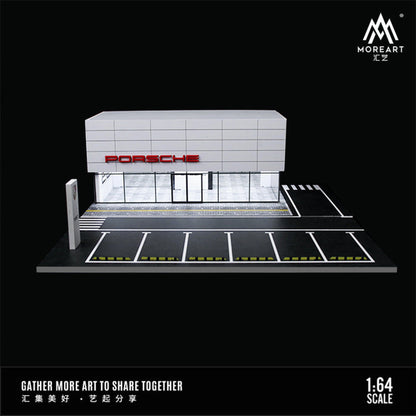 MoreArt Porsche Showroom Diorama with white building and carpark for 6 cars